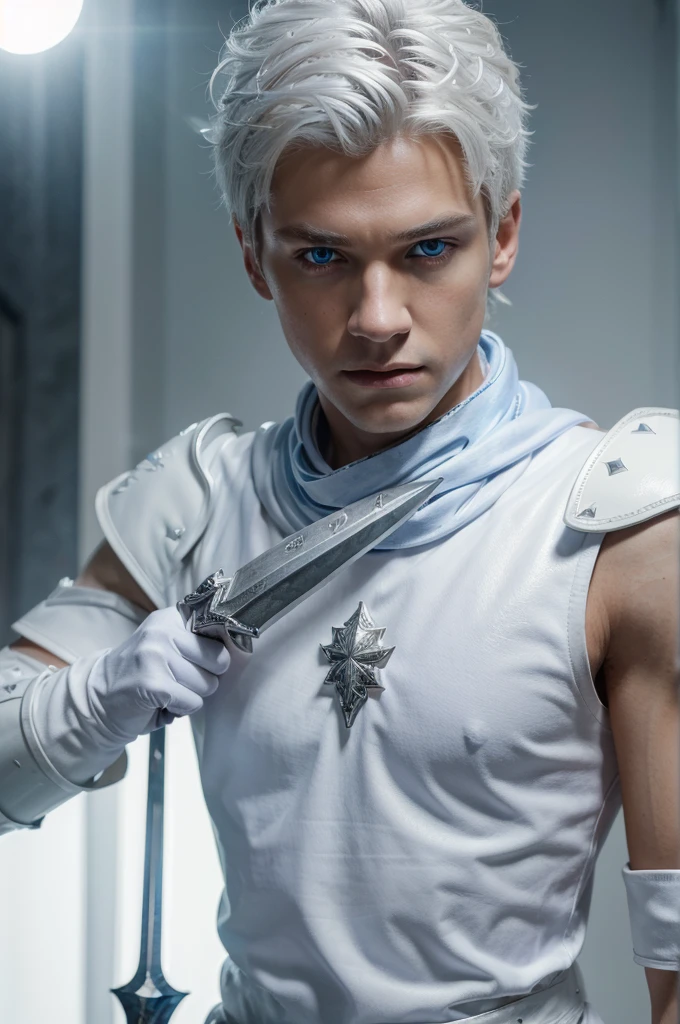 (best quality, 4k,8k, height, masterpiece: 1.2), very detail, Realistic: 1.37, at close range, Boy, holding a glowing dagger, White hair, white leather armor, blue eyes, glare, focused expression , dramatic lighting, bright room, bright colors, sharp focus, purple scarf