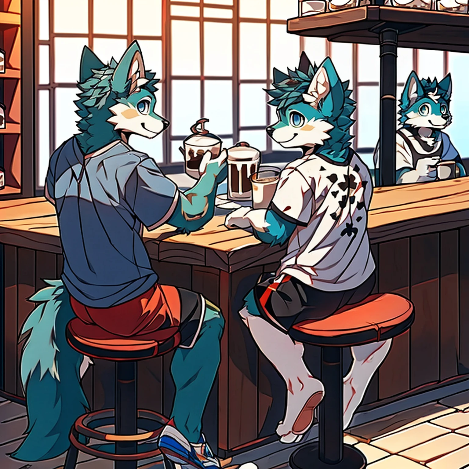 Sunlight,high resolution,4K,love,(((whole body:1.1,Back to camera:1.5))),masterpiece,high quality,Brave and bold,((Wolf)),male,(((Milk tea shop,Sitting at the bar:1.4))),WolfFurry,(juvenile),hairy,((charming,Smiling Face,Long hair)),((peaceful,Moderate)),(((Well-proportioned body,Small ears,Well-proportioned limbs,Wolf尾巴:1.2,Meat pad))),(((Green ears:1.5,Dark blue head,dark blue back,Dark blue limbs,Brown chest,brown abdomen,Blue pupils,粉色Meat pad))),(((Grey short sleeves,Red and black sports shorts,Blue sneakers:1.3))),Delicate face,Exquisite eyes,Detailed body,Detailed hands,Detailed feet