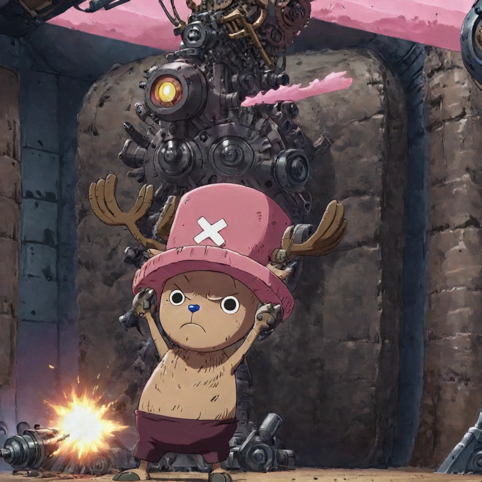 amazing quality, masterpiece, best quality, hyper detailed, ultra detailed, UHD, HDR, DOF, depth of field, perfect anatomy, sci-fi,
head of Tony Tony Chopper, blond hair, pink giant mechanical arms, fighting stance, hand up, angry,
(machine gun:1.4), glowing, shine, dazzling, war, explosion in background, outstretched arm, outstretched hand,
serious,
extremely detailed,