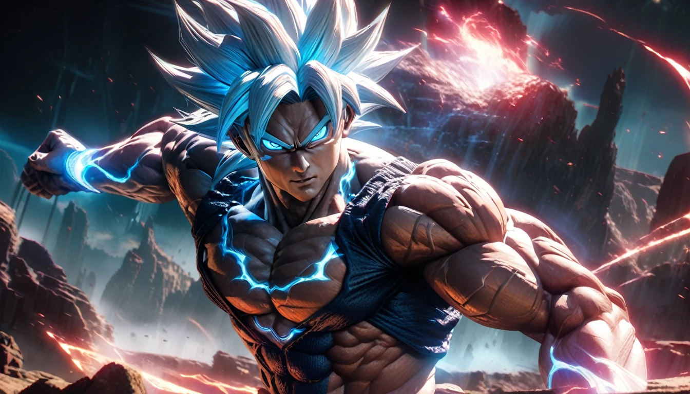 a powerful and muscular goku in his ultimate ultra instinct transformation, detailed facial features, intense glowing eyes, ultra detailed, cinematic lighting, dramatic poses, epic sci-fi landscape, glowing energy aura, ultra detailed skin textures, 8k, best quality, photorealistic, hyper detailed.