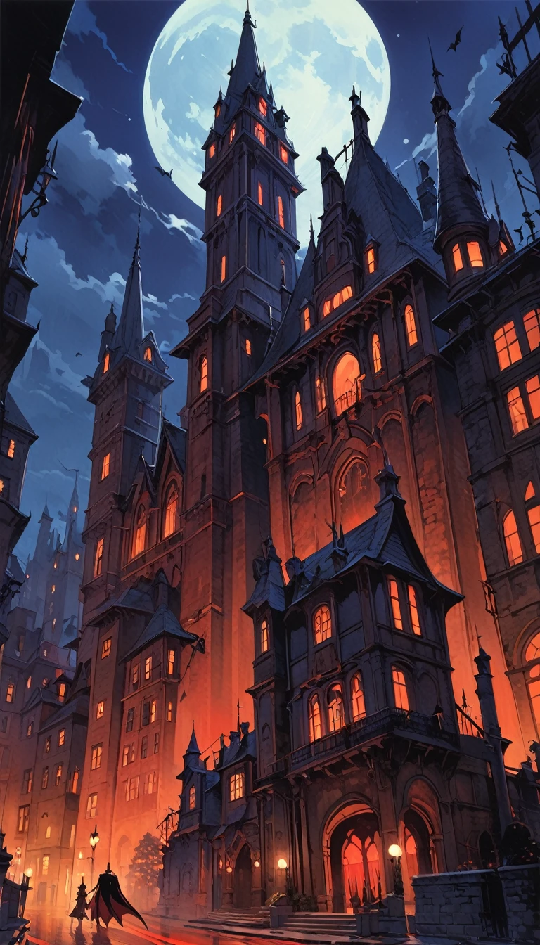 city of vampires: 1.5, night, great detail of buildings, towers,(art inspired Bill Sienkiewicz)
