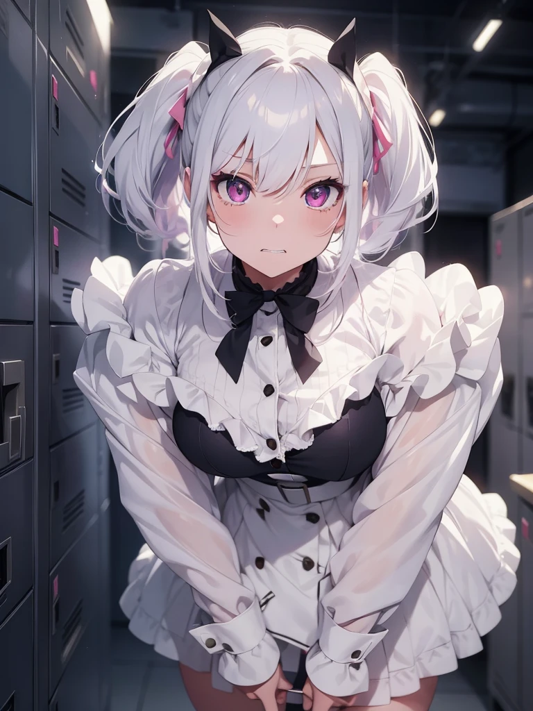 a girl with white hair and pink eyes, leaning against a dimly lit locker, biting the ribbon on her uniform, detailed portrait, photorealistic, high quality, intricate details, dramatic lighting, anime style, soft colors
