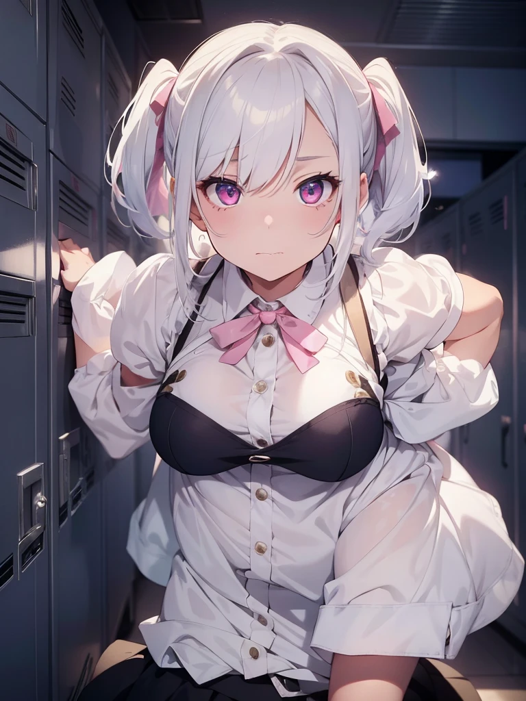 a girl with white hair and pink eyes, leaning against a dimly lit locker, biting the ribbon on her uniform, detailed portrait, photorealistic, high quality, intricate details, dramatic lighting, anime style, soft colors