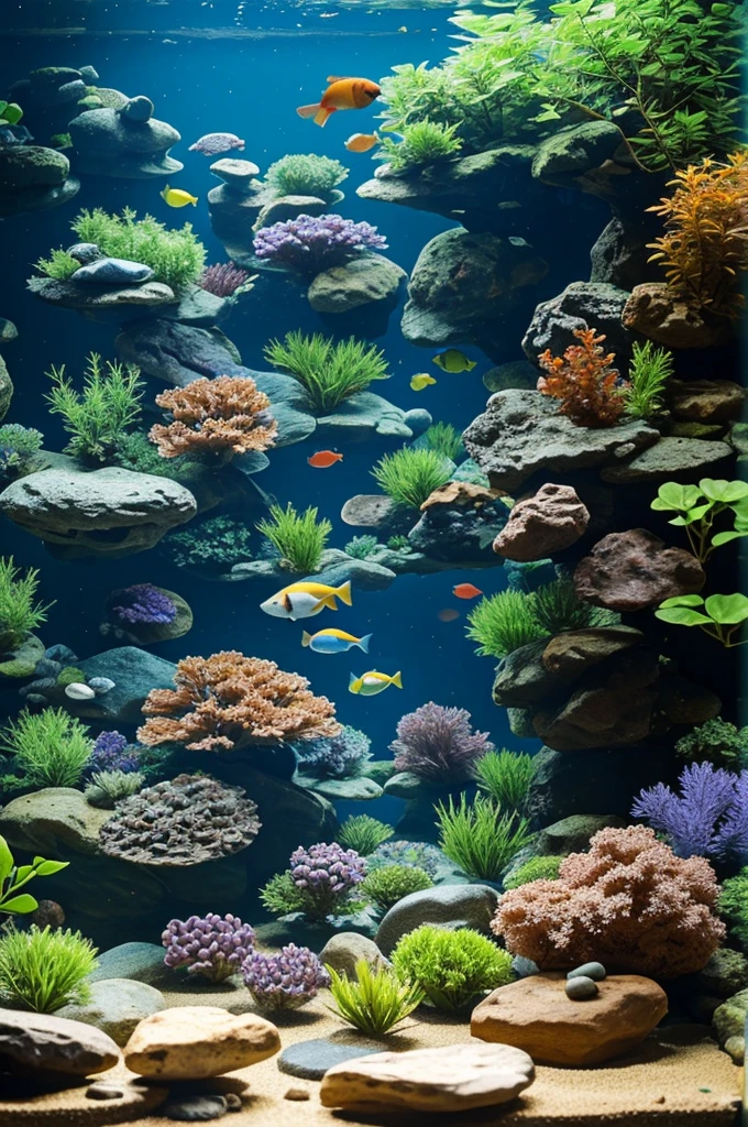 A few ornamental fish are seen playing among the plants and rocks in an aquarium from a top view