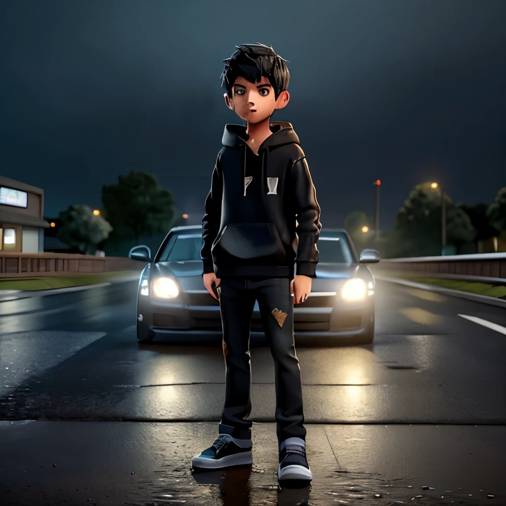 A scene describing a young man wearing a hood, Wearing black sweatshirt and jeans, Standing on the sidewalk on a rainy night. He's looking at a shiny GTR R35 car driving by on the road., Your admiration shows in your eyes. The light from your headlights reflects on the puddles around you, When the rain falls gently on him. The sound of powerful engines echoed in the air, Mixed with the sound of rain. The boy remained motionless, Attracted by the elegance and speed of cars, Dream of the day you get to drive such an impressive machine.