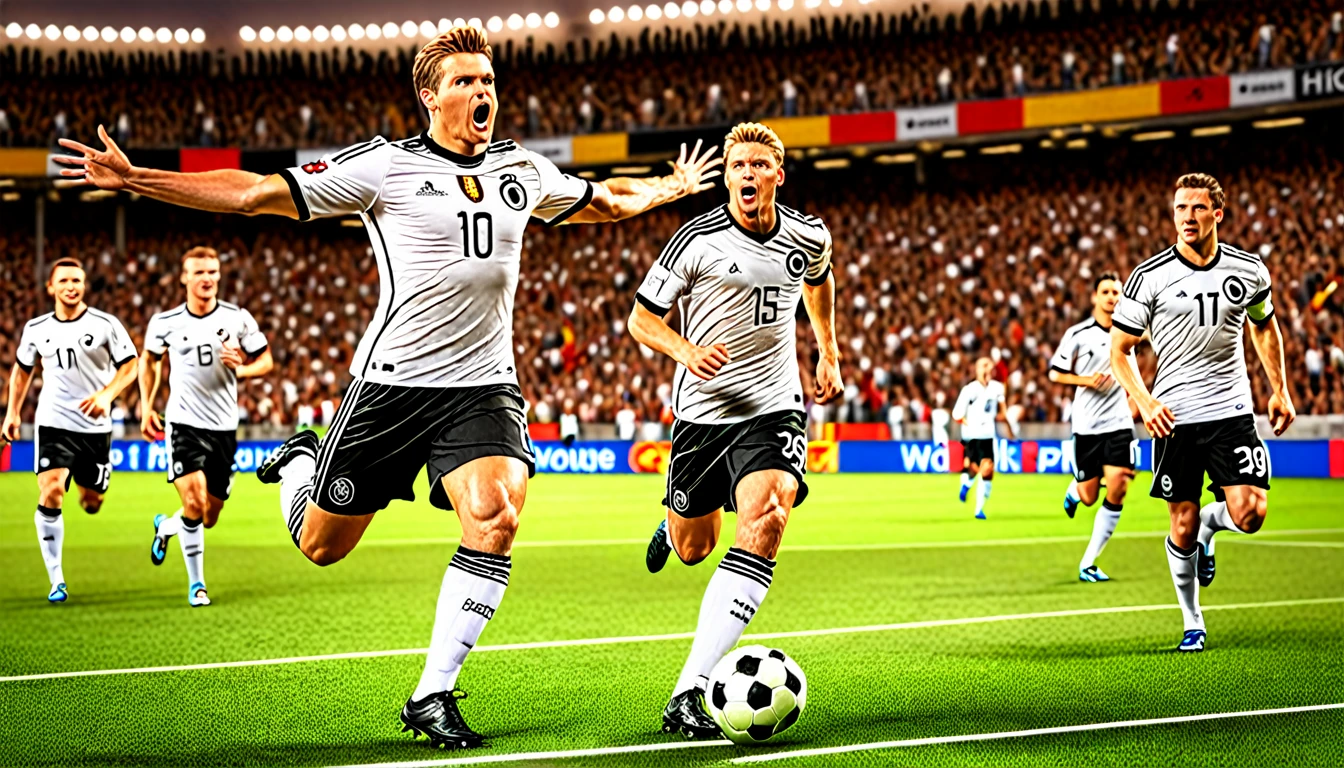 high quality, hyperdetailed, 3d, dynamic, dramatic lighting, highly detailed, photorealistic, 1 german male soccer team, soccer players, athletes, football, soccer, team, sports, sports uniforms, soccer jerseys, cleats, soccer ball, soccer field, stadium, crowds, cheering fans, flags, banners, action pose, muscular figures, sweat, motion blur, depth of field,