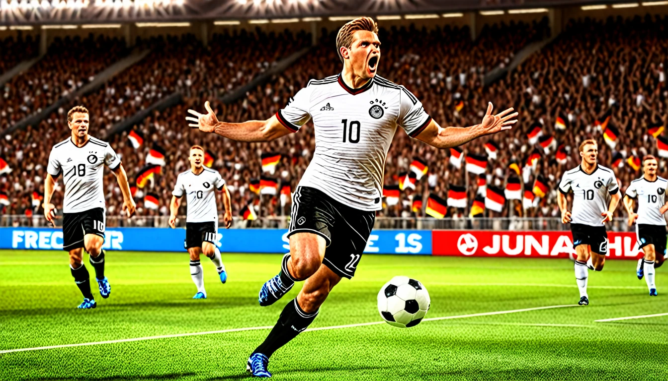 high quality, hyperdetailed, 3d, dynamic, dramatic lighting, highly detailed, photorealistic, 1 german male soccer team, soccer players, athletes, football, soccer, team, sports, sports uniforms, soccer jerseys, cleats, soccer ball, soccer field, stadium, crowds, cheering fans, flags, banners, action pose, muscular figures, sweat, motion blur, depth of field,