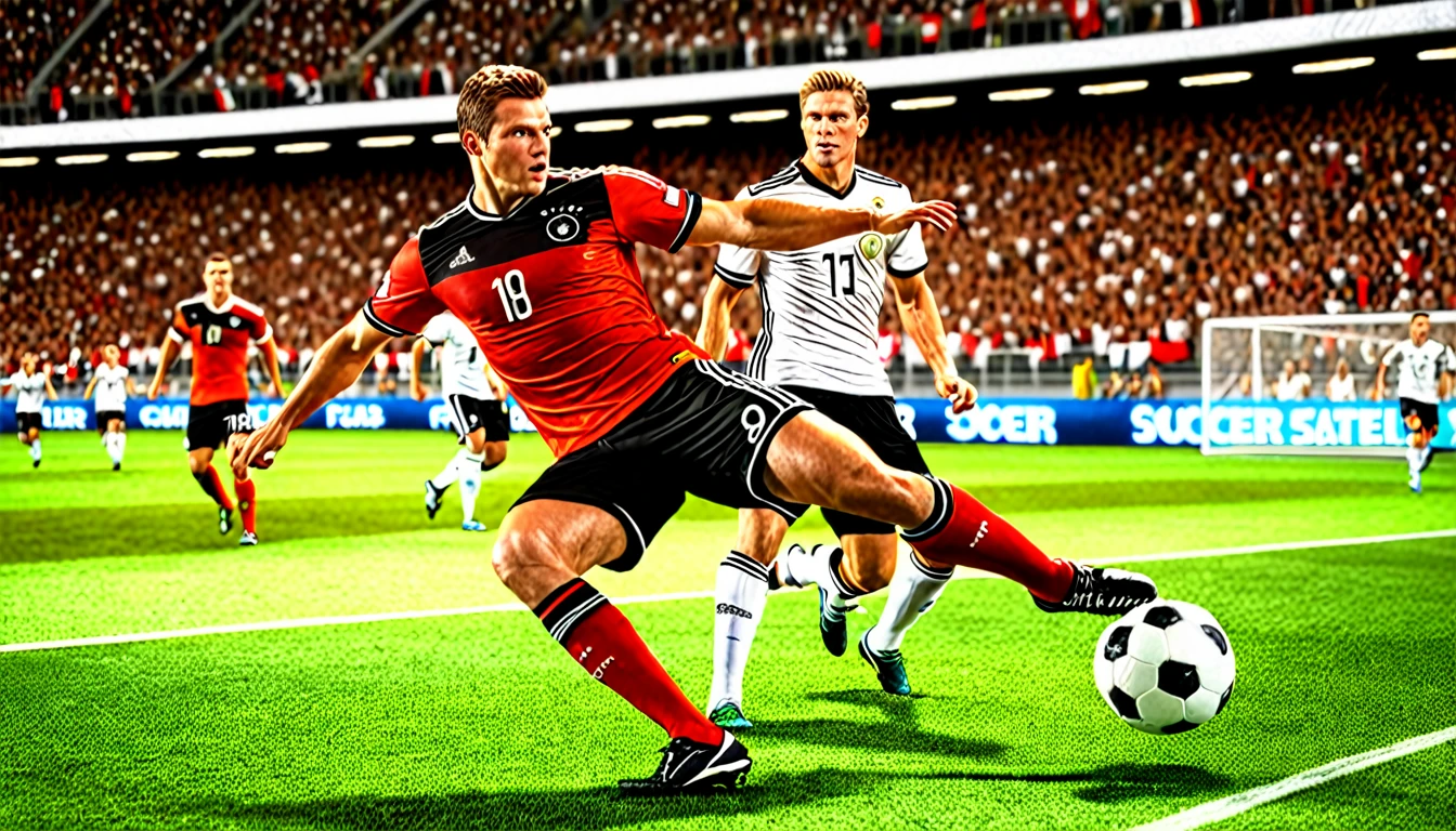 high quality, hyperdetailed, 3d, dynamic, dramatic lighting, highly detailed, photorealistic, 1 german male soccer team, soccer players, athletes, football, soccer, team, sports, sports uniforms, soccer jerseys, cleats, soccer ball, soccer field, stadium, crowds, cheering fans, flags, banners, action pose, muscular figures, sweat, motion blur, depth of field,