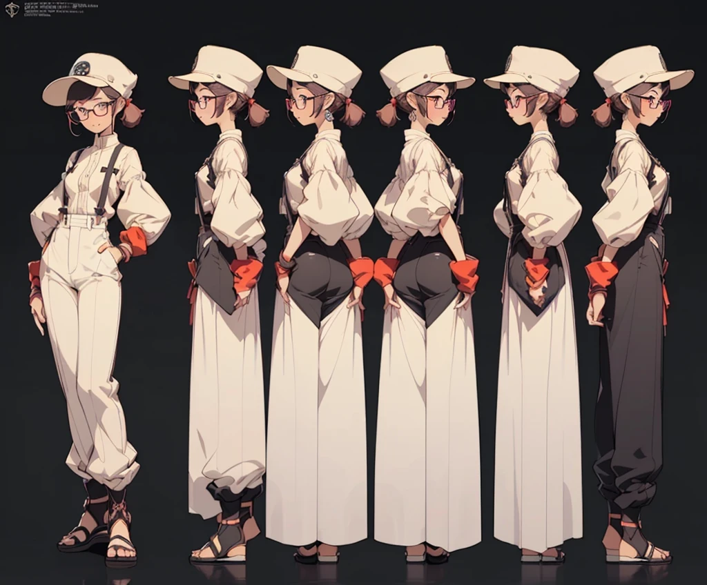 (mature woman), (age 25 years), ((Exquisite Face), (There are complete details...)), (Jitai pose), (Wear glasses), (slight smile), ((Sexy Eyes), (eyes looking straight.)), (Clear 8K images), ((Medium camera angle showing thighs), (standing pose)), (Anime style), (suspenders), (master-piece), ((There are body details..., (perfect hands), (perfect feet)), (line art), ((Character concept art)), ((Character design sheet, Same character.., front-view, Side View, Reverse view, three-quarter view)), 6 half full heads, (tomboy), (long pants), (hat with ear-flaps)