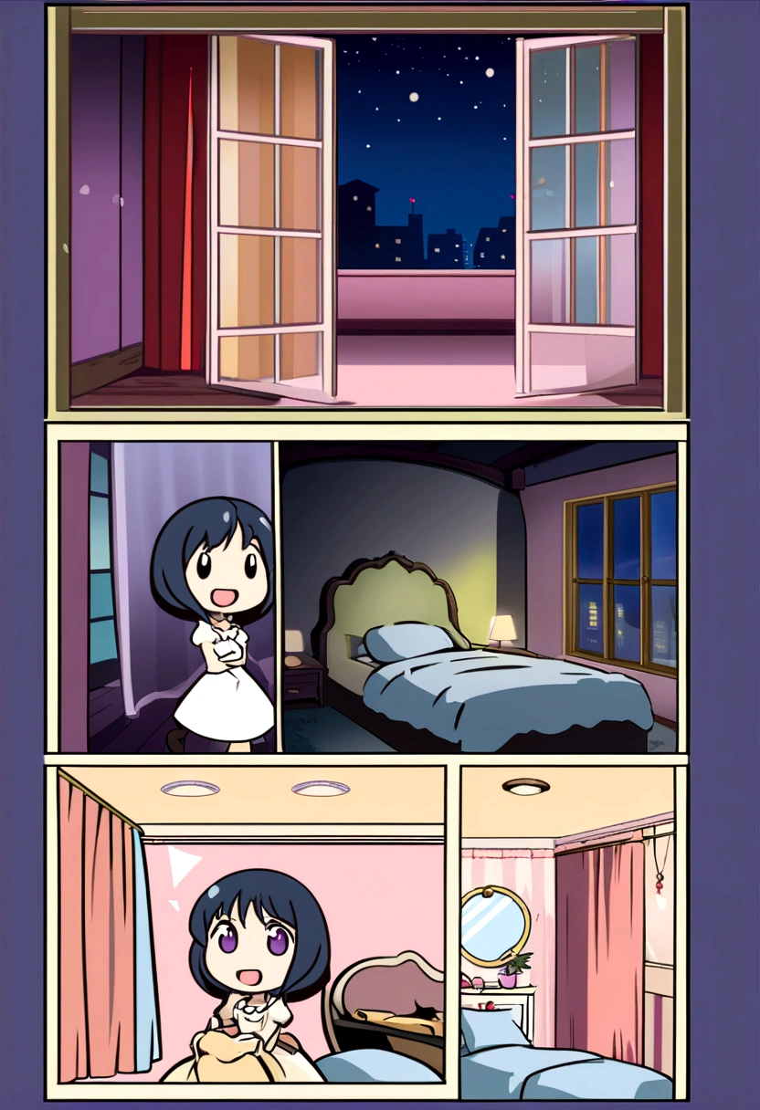 Create a scene of a woman's bedroom with a bed and towels, window, the night, style of anime, Vector graphics, cartoony