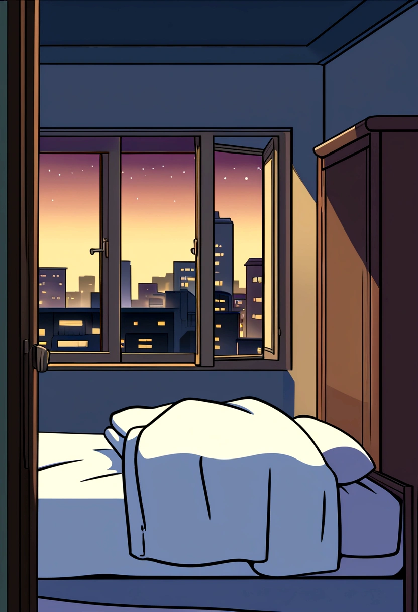 Create a scene of a woman's bedroom with a bed and towels, window, the night, style of anime, Vector graphics, cartoony