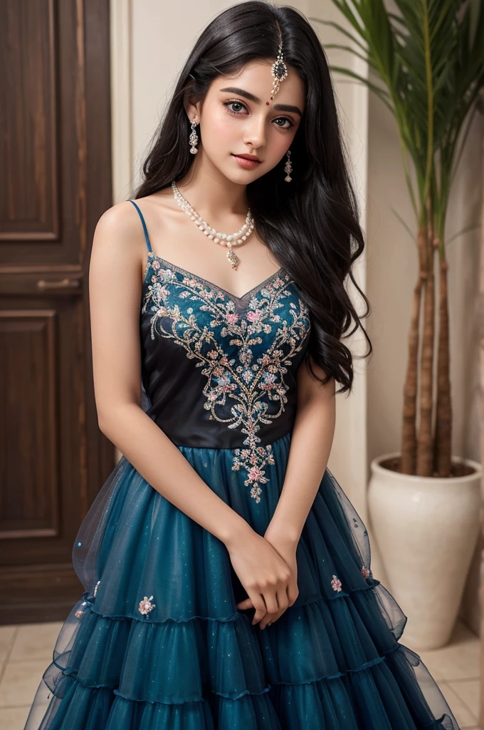 create a most beautiful girl image 18 years age. Wearing Embroidered Layered Tulle Gown. also wearing white pearl necklace. there is black bindi on forehead. preety good blue eyes, long black hair. she is standing and blushing.