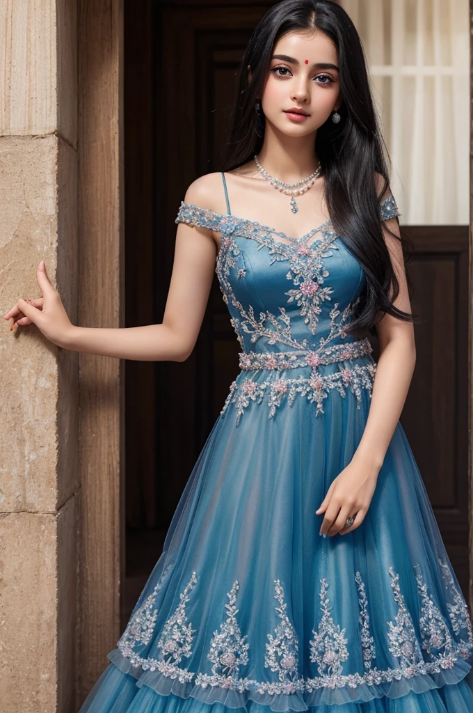 create a most beautiful girl image 18 years age. Wearing Embroidered Layered Tulle Gown. also wearing white pearl necklace. there is black bindi on forehead. preety good blue eyes, long black hair. she is standing and blushing.