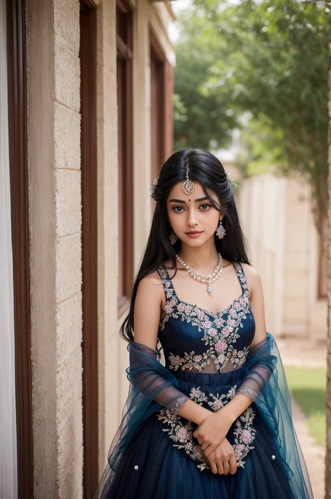 create a most beautiful girl image 18 years age. Wearing Embroidered Layered Tulle Gown. also wearing white pearl necklace. there is black bindi on forehead. preety good blue eyes, long black hair. she is standing and blushing.