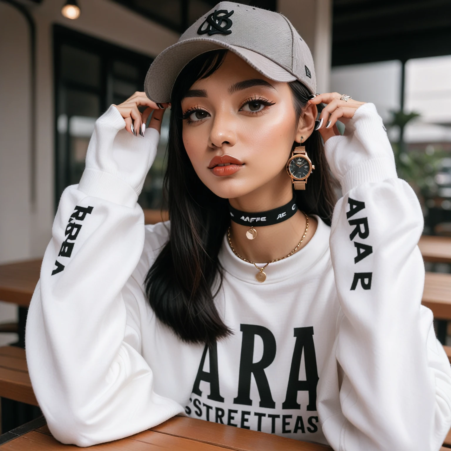 araffe sitting at a table with a hat on and a watch on, she is wearing streetwear, woman in streetwear, outlive streetwear collection, casual pose, streetwear fashion, female streetwear blogger, wearing a chocker and cute hat, casual streetwear, wearing baseball cap, 🤤 girl portrait, smooth in _ the background, shot on canon eos r5, with hat