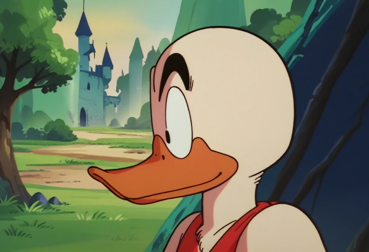 anime screencap,drgbls1, solo, anthro duck, male,score_9, score_8_up, score_7_up, score_6_up.castle, upper body,skinny duck, black feathers, daffy duck, forest