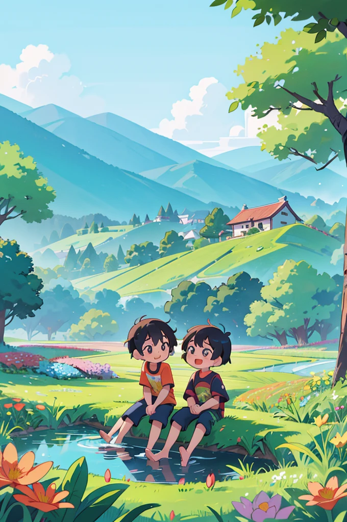 Beautiful summer scenery in Chinese countryside，3 cute and lively kids，Black hair，They are wearing short sleeves and shorts，Roll up your trouser legs，Sitting by the clear pond and laughing；Surrounded by lush greenery and a vast expanse of gorgeous flowers；They contrast beautifully with the blue sky and the hills in the distance.，It forms a peaceful and beautiful picture；In the foreground is a field of colorful flowers。