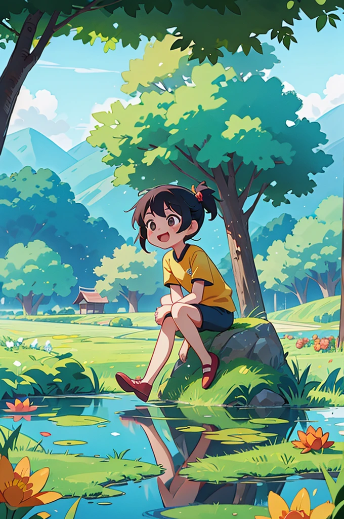 Beautiful summer scenery in Chinese countryside,3 cute and lively kids,Black hair,They are wearing short sleeves and shorts,Roll up your trouser legs,Sitting by the clear pond and laughing;Surrounded by lush greenery and a vast expanse of gorgeous flowers;They contrast beautifully with the blue sky and the hills in the distance.,It forms a peaceful and beautiful picture;In the foreground is a field of colorful flowers。
