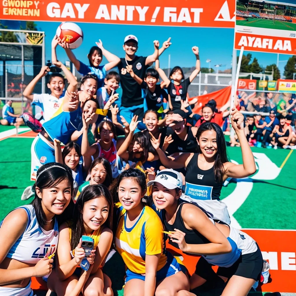 Generate a poster,Many sports youth,Take a photo together,Group photo