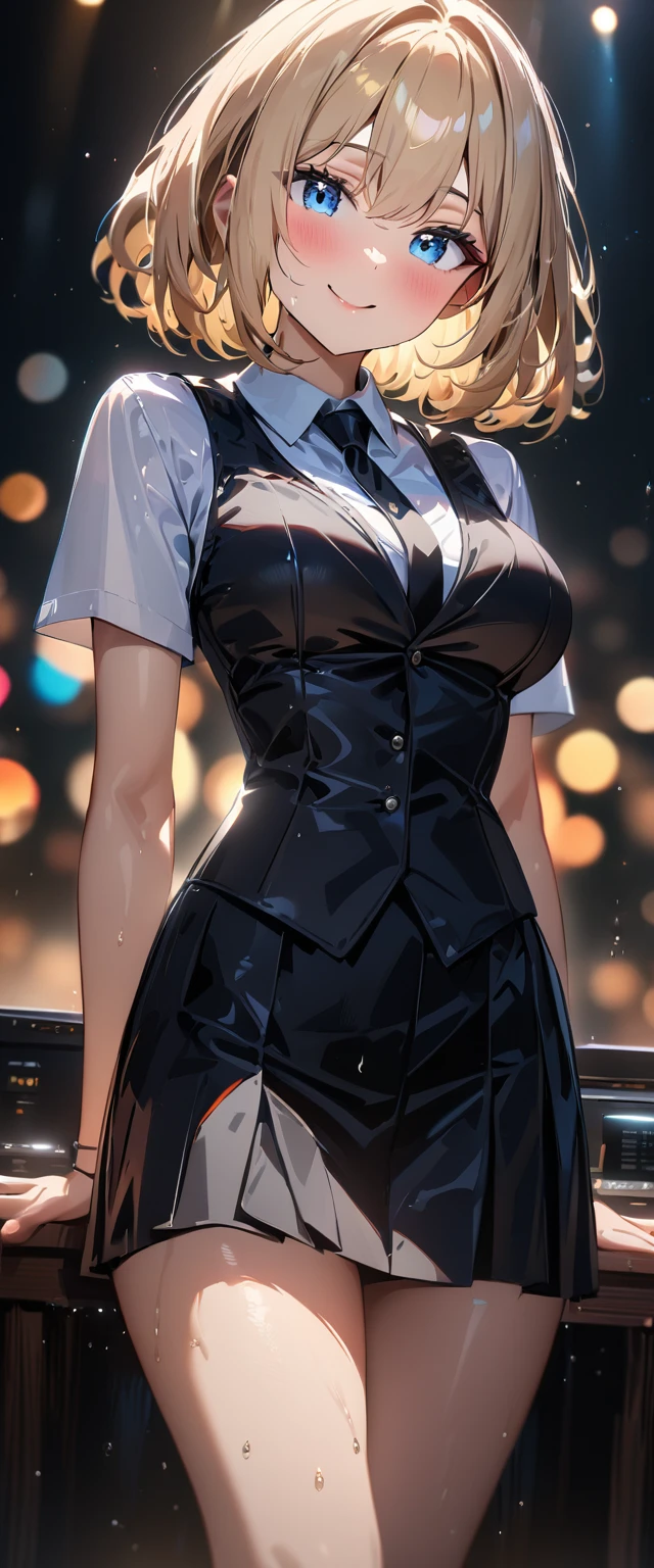 (((One girl))), blond hair, bob cut, (cowboy shot), (looking at viewer), face in focus, breasts, teenager, head tilt:1.3, (((blue eye))), ((happy smile)), ((blush)), school summer uniform, white shirts, ((black tie)), black skirt, dynamic pose, ((cleavage)), anime style, (best quality, 4k, 8k, highres, masterpiece:1.2, ultra-detailed, ultra-detailed eyes, HDR, UHD, studio lighting, ultra-fine painting, sharp focus, physically-based rendering, extreme detail description, professional, vivid colors, bokeh)