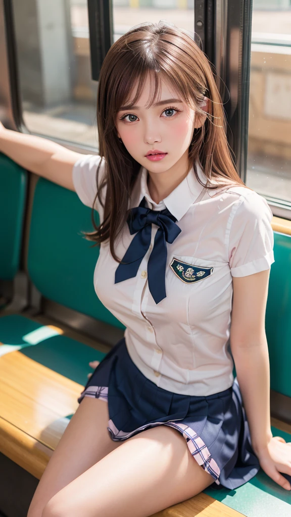 (Showing panties:1.2), (Professional portrait, Realistic and perfectly shaped subjects:1.3), (masterpiece, highest quality:1.2), (Realistic, Ultra-realistic, Realistic:1.3), (ultra High resolution), High resolution, Intricate details, Super detailed, (Highly detailed CG, unity 8k wallpaper:1.3), Clear image,
break
(1 Japanese girl, ), (cute, Slender figure), (Perfect Anatomy, Correct limbs:1.2), (Perfect hands), Perfect Arms, Beautiful and delicate face down to the last detail, Beautiful and delicate eye and eye highlights, (Very thin and delicate、not too long lashes), (Captivating eyes, Beautifully detailed eyes and face), light makeup, Pink Lip, Lip gloss, Stylish face, (Shiny skin, Realistic skin detail), Brown Hair, Plump breast,
break
((school uniform)), (High school girl), (Black socks), shirt open
break
Sitting in the train station, (Cowboy Shot), break
(((blush:1.4))), ((Embarrassing:1.4)), (((shy:1.5)))
break
from below
break