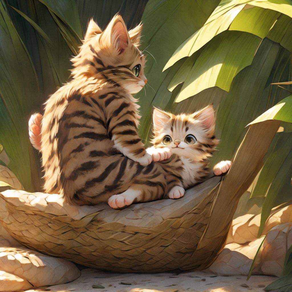 Brown tabby kitten、Riding on the back of a big dog