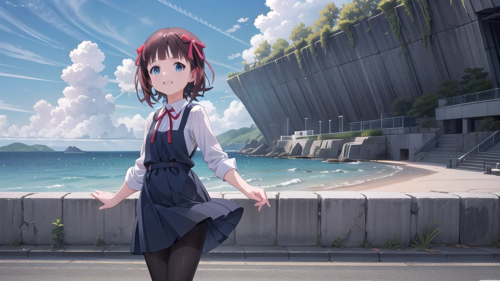 CG, Unity, 8K, wallpaper, Highest quality, masterpiece,, Perfect in every detail))),alone,1人of女of子,Amami Haruka,red ribbons,View your viewers,smile,Happy,
Day,null,cumulus clouds,in spring,High resolution,colorful,Volumetric lighting,
depth_of_Field,alone_concentrated,depth of Field,Front view,whole body,
Teen,skinny,thin,thin,(expensive:1.1),
,(blue dress),School_uniform,length_sleeve,shirt,dress,white_shirt,襟ed_shirt,head_ribbon,apron_dress,Best,(Lace-up_boots:1.1),(black_pantyhose:1.4),Panty lines,
Outdoor,Beach,
(Skin Dentition:1.4)

