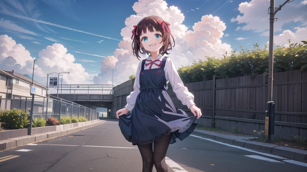 CG, Unity, 8K, wallpaper, Highest quality, masterpiece,, Perfect in every detail))),alone,1人of女of子,Amami Haruka,red ribbons,View your viewers,smile,Happy,
Day,null,cumulus clouds,in spring,High resolution,colorful,Volumetric lighting,
depth_of_Field,alone_concentrated,depth of Field,Front view,whole body,
Teen,skinny,thin,thin,(expensive:1.1),
,(blue dress),School_uniform,length_sleeve,shirt,dress,white_shirt,襟ed_shirt,head_ribbon,apron_dress,Best,(Lace-up_boots:1.1),(black_pantyhose:1.4),Panty lines,
Outdoor,Beach,
(Skin Dentition:1.4)