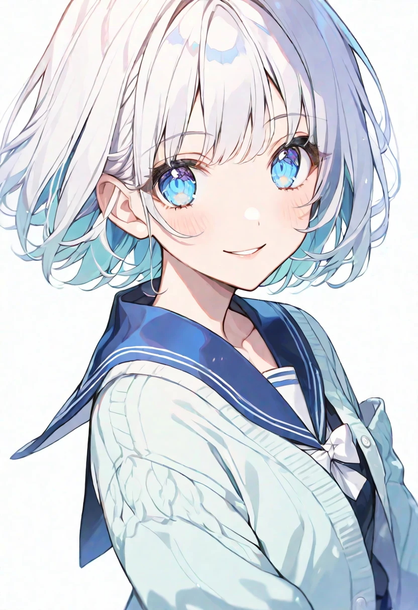 solo, handsome, 1. Female, Straight short hair,White アッシュ ライトブルー Hair, Blue eyes&Soft look ,ta,18 years old,Sailor suit,ライトブルー cardigan,sweater,skin,Sexy,smile,ミニキャラ,1/2,White background