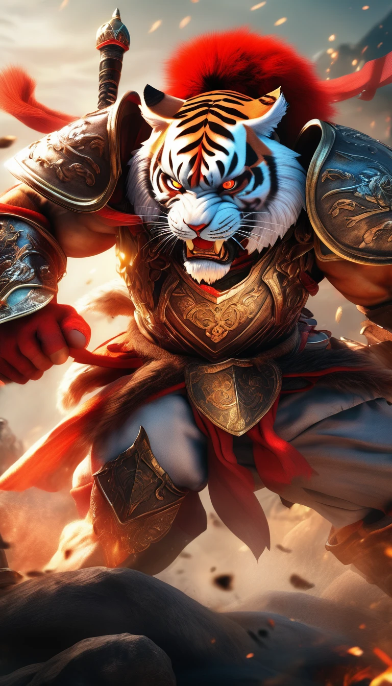 (best quality,4k,8k,highres,masterpiece:1.2),ultra-detailed,(realistic,photorealistic,photo-realistic:1.37),highly detailed intricate close-up portrait of a muscular anthropomorphic tiger warrior, wearing intimidating medieval armor and helmet, glowing red eyes, sharp fangs, fierce expression, four powerful arms, clawed hands, textured fur, dramatic lighting, epic fantasy battlefield background, dynamic action pose, inspired by the character Kintaro from the Tekken fighting game series, painting by Li Kan, cinematic, vibrant colors, dramatic shadows