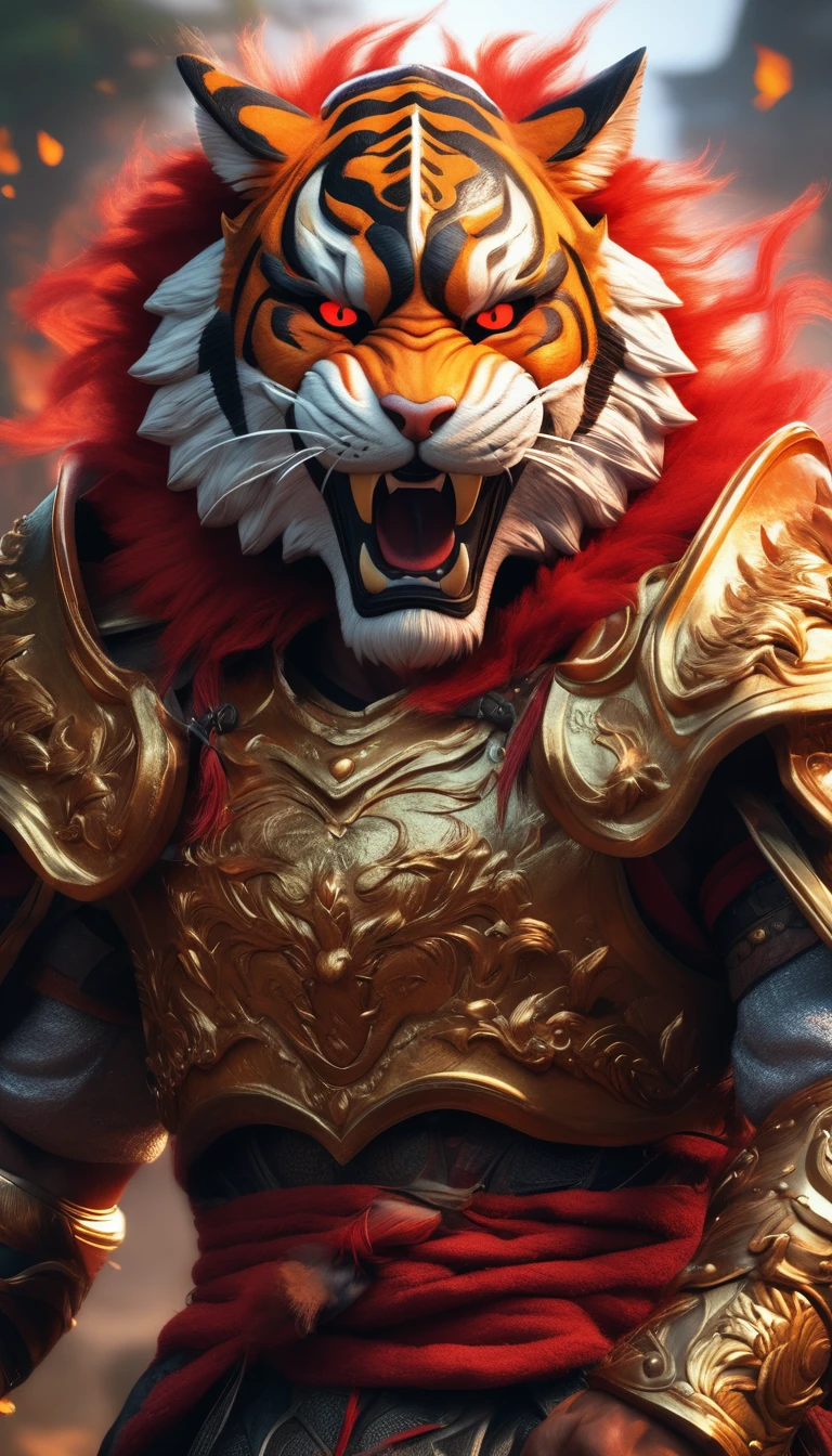 (best quality,4k,8k,highres,masterpiece:1.2),ultra-detailed,(realistic,photorealistic,photo-realistic:1.37),highly detailed intricate close-up portrait of a muscular anthropomorphic tiger warrior, wearing intimidating medieval armor and helmet, glowing red eyes, sharp fangs, fierce expression, four powerful arms, clawed hands, textured fur, dramatic lighting, epic fantasy battlefield background, dynamic action pose, inspired by the character Kintaro from the Tekken fighting game series, painting by Li Kan, cinematic, vibrant colors, dramatic shadows