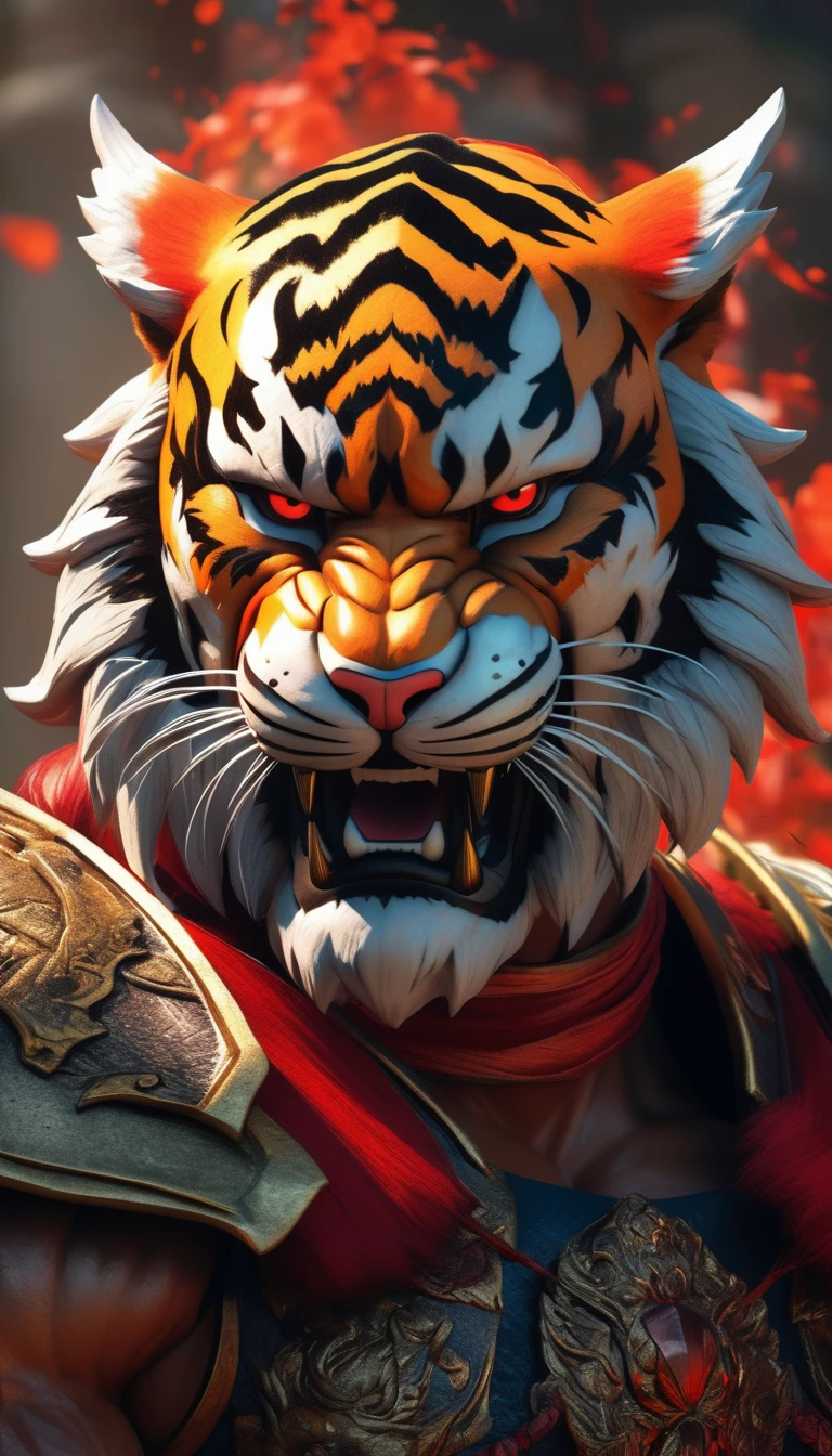 (best quality,4k,8k,highres,masterpiece:1.2),ultra-detailed,(realistic,photorealistic,photo-realistic:1.37),highly detailed intricate close-up portrait of a muscular anthropomorphic tiger warrior, wearing intimidating medieval armor and helmet, glowing red eyes, sharp fangs, fierce expression, four powerful arms, clawed hands, textured fur, dramatic lighting, epic fantasy battlefield background, dynamic action pose, inspired by the character Kintaro from the Tekken fighting game series, painting by Li Kan, cinematic, vibrant colors, dramatic shadows
