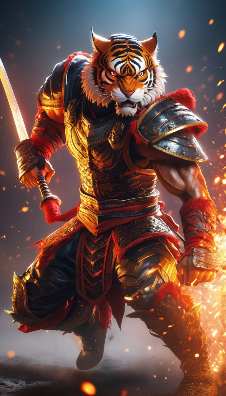 (best quality,4k,8k,highres,masterpiece:1.2),ultra-detailed,(realistic,photorealistic,photo-realistic:1.37),highly detailed intricate close-up portrait of a muscular anthropomorphic tiger warrior, wearing intimidating medieval armor and helmet, glowing red eyes, sharp fangs, fierce expression, four powerful arms, clawed hands, textured fur, dramatic lighting, epic fantasy battlefield background, dynamic action pose, inspired by the character Kintaro from the Tekken fighting game series, painting by Li Kan, cinematic, vibrant colors, dramatic shadows