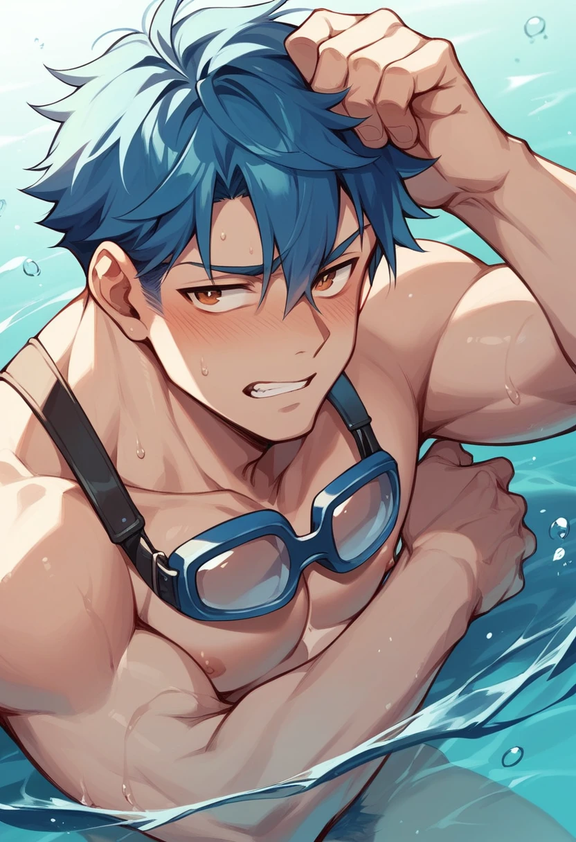 Make a photo of a man named Natsumi Hamsaki who is tall, thin and has a six pack body and is having sex with a man named avan geiserford, He wears swimming goggles, he has blue hair