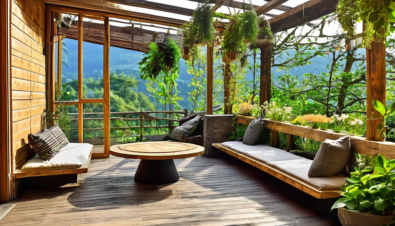 midnight, The terrace of the fairy house, the terrace is made of natural materials, and a lot of wood and stone are used to create a warm atmosphere in harmony with nature, doors and windows leading from inside the house are installed to allow free access between the terrace and inside, many plants and flowers are placed on the terrace, comfortable chairs and hammocks are placed to relax while unwinding, and tables and benches are also installed, One-person viewpoint, Super Detail, high details, High quality, 8K