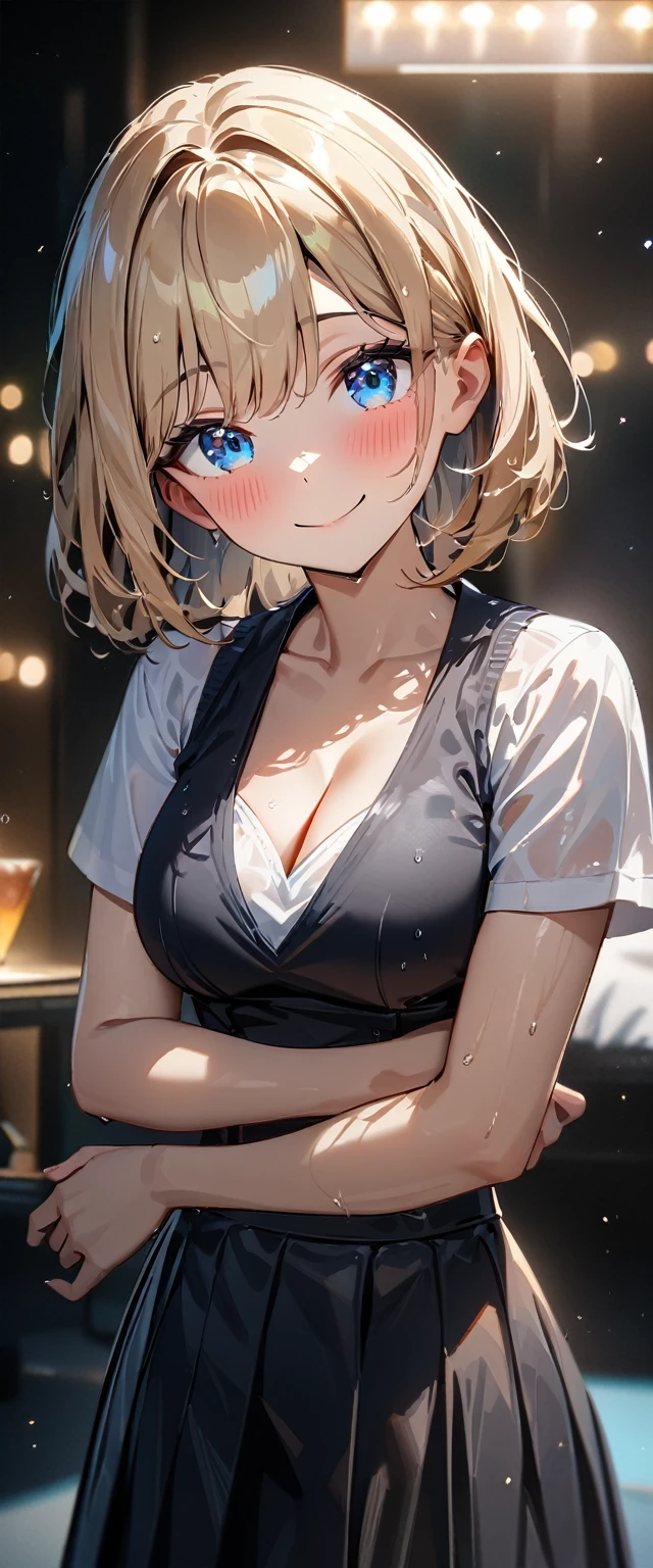 (((One girl))), blond hair, bob cut, (cowboy shot), (looking at viewer), face in focus, , teenager, head tilt:1.3, (((blue eye))), ((happy smile)), ((blush)), school summer uniform, white shirts black skirt, wet skin, black corset vest, ((cleavage)), anime style, (best quality, 4k, 8k, highres, masterpiece:1.2, ultra-detailed, ultra-detailed eyes, HDR, UHD, studio lighting, ultra-fine painting, sharp focus, physically-based rendering, extreme detail description, professional, vivid colors, bokeh)