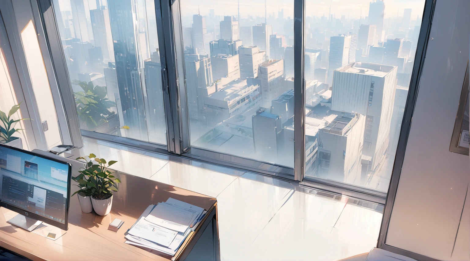 ((best quality)), ((masterpiece)), (detailed), office, president's office, floor-to-ceiling windows, top-down view scene,Potted plants,There is a computer and documents on the desk