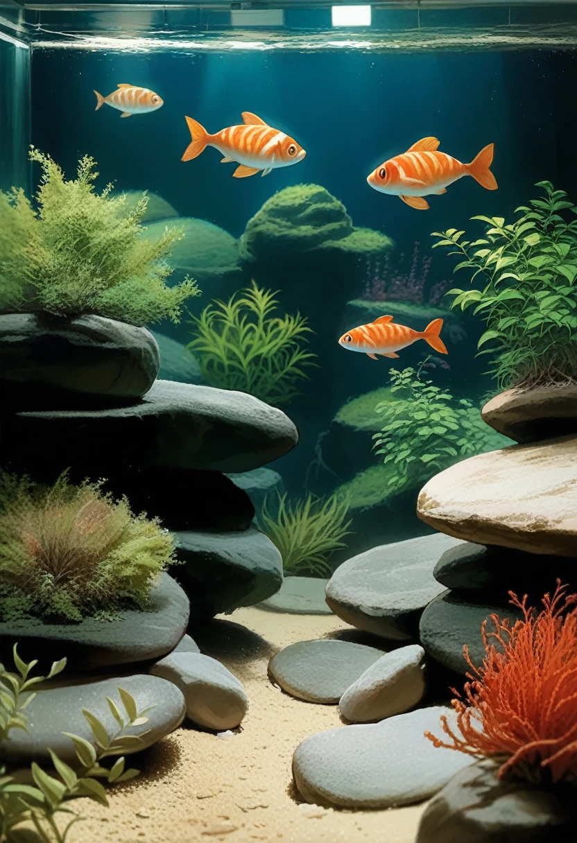 A few ornamental fish are seen playing in the gaps between plants and rocks in an aquarium pictured from a top view