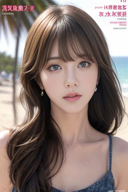 8k, very sharp image, masterpiece, best quality, jennifer aniston, 1girl, black hair, swept bangs, , closed mouth, small earrings, sundress, beach, floating hair, hair ornament, magazine cover, realistic skin, high texture skin, realistic lips, high texture lips, dreamlike diffuse ethereal lighting
