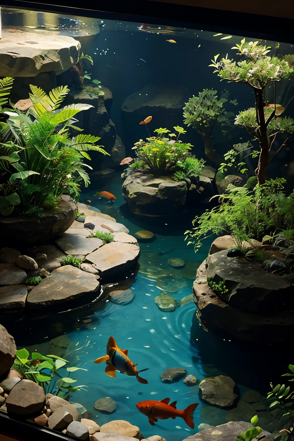 A few ornamental fish are seen playing among the plants and rocks in an aquarium from a top view