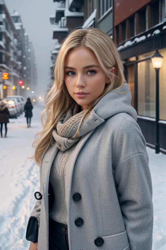  blonde hair, sultry flirty look, gorgeous symmetrical face, cute natural makeup, wearing elegant warm winter fashion clothing, ((standing outside in snowy city street)), stunning modern urban environment, ultra realistic, concept art, elegant, highly detailed, intricate, sharp focus, depth of field, f/1. 8, 85mm, medium shot, mid shot, (((professionally color graded))), bright soft diffused light, (volumetric fog), trending on instagram, hdr 4k, 8k