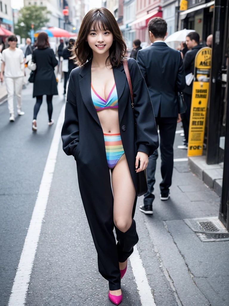 Girl in bikini walking down the street, Beautiful fractal and marble designs、An exquisite rainbow bodysuit:1.5, Cleavage, Beautiful Face, Beautiful Lips, high quality, Insane Details, Professional Lighting, Cool pose, Cinematic, 8k wallpaper, smile