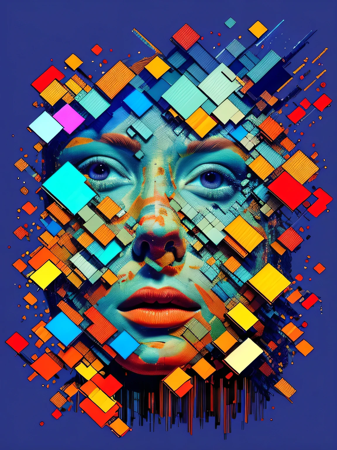 1 woman, ultra detailed, official art, unity 8k wallpaper, glitch art, (number distribution):1.2, pixelated fragments, data streaming, colorful noise, visual chaos, contemporary cohesion.