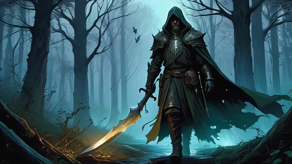 In the shadowy depths of the ancient forest, a long-haired, handsome man emerges from the gloom, his piercing eyes reflecting the faint light of the setting sun. Clad in a rugged traveler’s outfit, his leather cloak and tunic are worn from countless journeys, yet they still carry an air of nobility and purpose.
Slung over his broad shoulder is a heavy axe, its blade glinting menacingly in the twilight. In his other hand, he carries a bundle of freshly cut oakwood, each piece meticulously chosen and carefully balanced. His long, dark hair flows freely in the evening breeze, framing a face marked by both hardship and striking features.
The forest around him is dense and foreboding, the twisted trees whispering ancient secrets and the underbrush alive with the sounds of unseen creatures. The path he walks is barely visible, overgrown with roots and foliage, leading deeper into the heart of the woods where few dare to venture.
As he strides forward, his demeanor is calm yet vigilant, aware of the lurking dangers that might spring from the shadows at any moment. The darkening sky above casts an eerie glow on the landscape, enhancing the mystical and ominous atmosphere.
What drives this enigmatic traveler to venture into such perilous lands? What dark forces lie in wait within the depths of the forest, and what is his connection to them? This AI-generated image captures the essence of a dark medieval fantasy world, where every step taken by the lone traveler is fraught with mystery and danger."