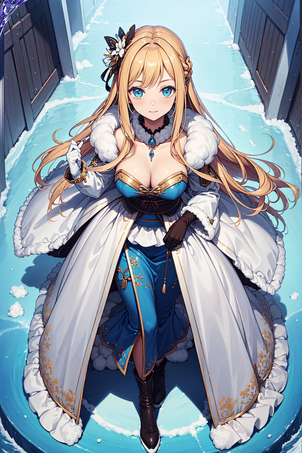 ((Top Quality)), ((Masterpiece)), (Detail), high resolution, Perfect Face, Fine Eyes, detailed eyes, (1 beautiful girl), saints, Sacred, military coat, Ruffles with fur, (cotton coat:1.2), winter long blouse, long boots, long gloves, down jacket, (winter hat:1.1), golden Sacred Patterns, medium breasts, blonde hair, (blunt bangs), (Many ornaments made of ice:1.1) BREAK delicate pattern, (exquisite costumes), (The background is the cold earth:1.2)