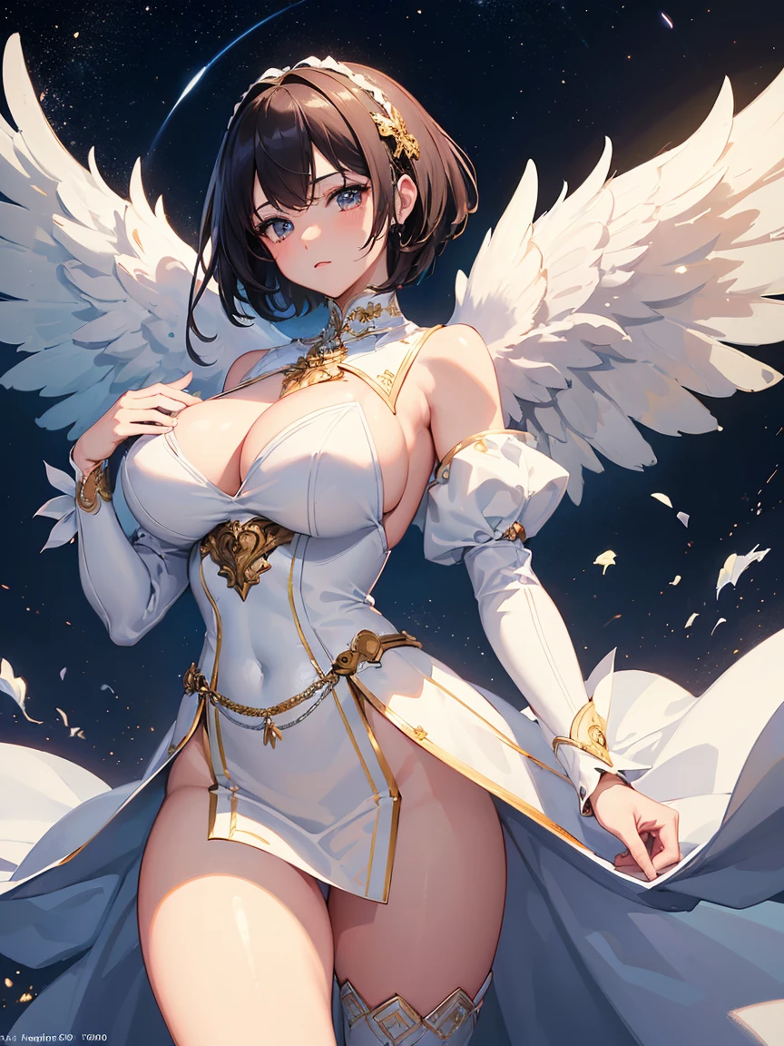 ((Masterpiece)),(Best Quality),(Super intricately detailed),(Highest resolution),(8K),(Clean lines),(Perfect Face,Perfect meat),(Official Art),Magical girl, White cute costume, , , Cowboy Shot, Short Hair:, BREAK ,huge breasts, Night Sky, Big white wings, Wizard's wand