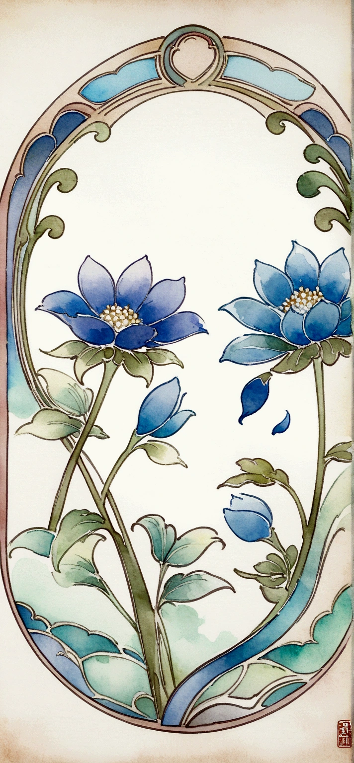 , blue - petals, Chinese watercolor style, Stylized flowers, Indigo blooming flowers garden, Art Nouveau Botanicals, Chinese painting style, Stylized lines, Blue ink, Beautiful line art, detailed flowers, Chinese style pattern, Watercolor ink illustration, Mark Davis Artwork