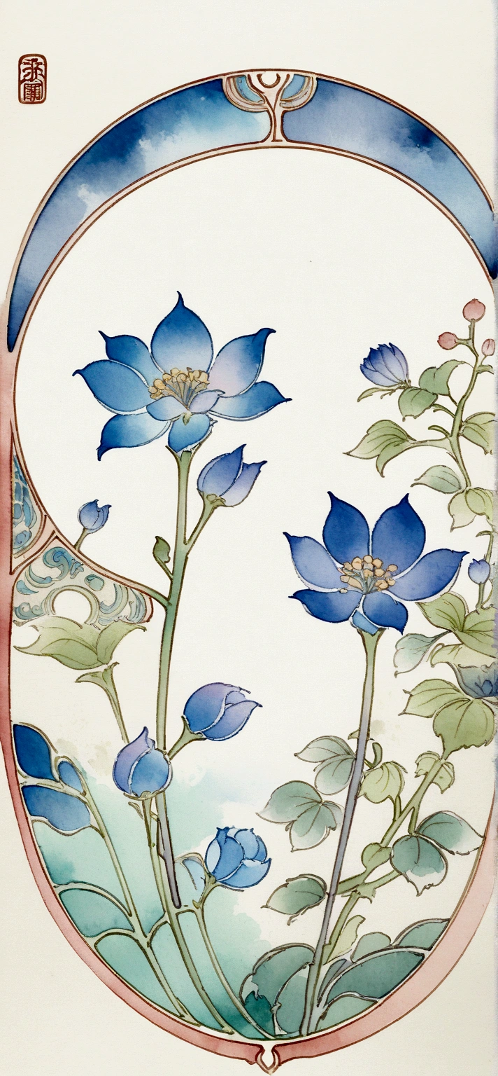 , blue - petals, Chinese watercolor style, Stylized flowers, Indigo blooming flowers garden, Art Nouveau Botanicals, Chinese painting style, Stylized lines, Blue ink, Beautiful line art, detailed flowers, Chinese style pattern, Watercolor ink illustration, Mark Davis Artwork