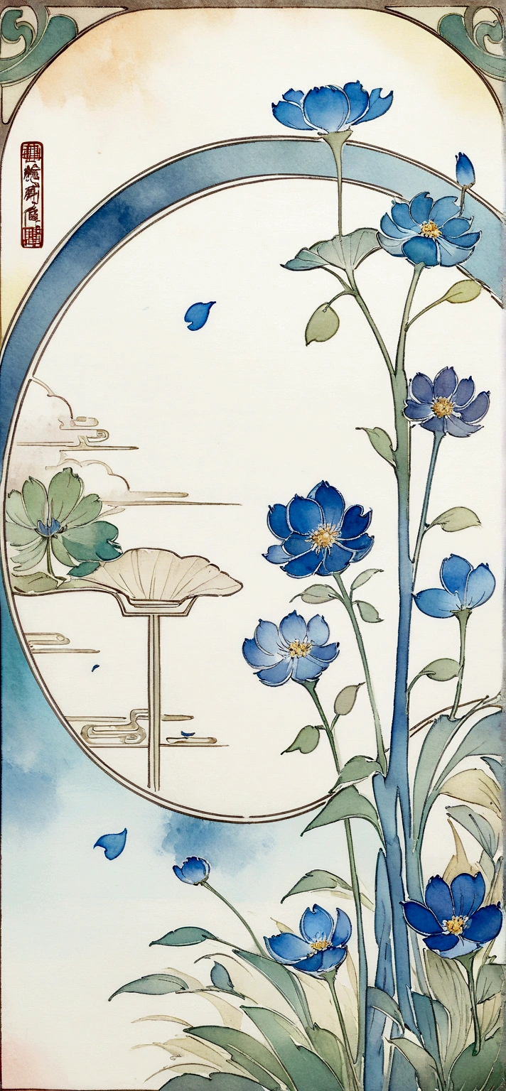 , blue - petals, Chinese watercolor style, Stylized flowers, Indigo blooming flowers garden, Art Nouveau Botanicals, Chinese painting style, Stylized lines, Blue ink, Beautiful line art, detailed flowers, Chinese style pattern, Watercolor ink illustration, Mark Davis Artwork