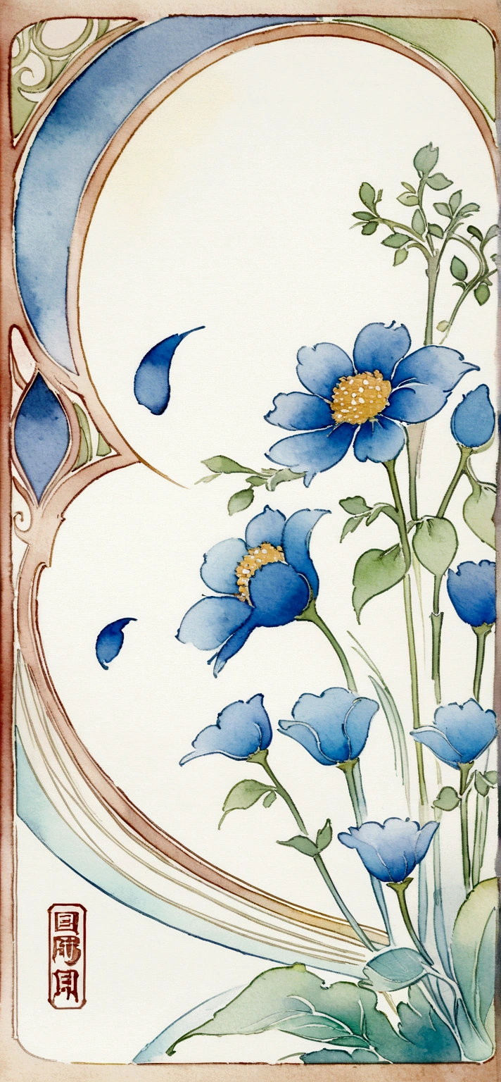 , blue - petals, Chinese watercolor style, Stylized flowers, Indigo blooming flowers garden, Art Nouveau Botanicals, Chinese painting style, Stylized lines, Blue ink, Beautiful line art, detailed flowers, Chinese style pattern, Watercolor ink illustration, Mark Davis Artwork